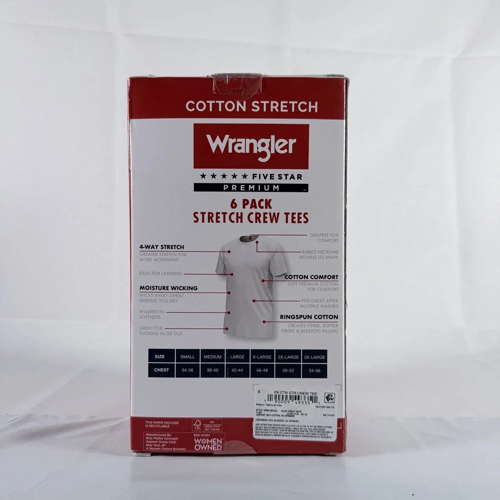 Wrangler Five Star Premium Men Cotton Stretch Crew‎ Tees White 6 Pack Small New